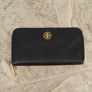 Tory Burch Black Leather Zip-Around Wallet with Gold Logo